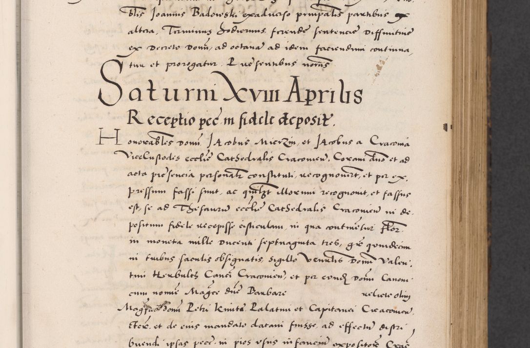 Zdjęcie nr 61 dla obiektu archiwalnego: Acta actorum causarum, sentenciarum diffinitivarum quam interloquutiorum, decretorum, obligationum, quietationum et constitutionum procuratorum coram reverndo domino Petri Porembski preposito Ossviencimensi, canonico et officiali Cracoviensi generali ad annum Dimini 1556, inditione quatuor decima, pontificatus sanctissimi in Christo patris domini Pauli divina providencia pape IIII anno ispius.