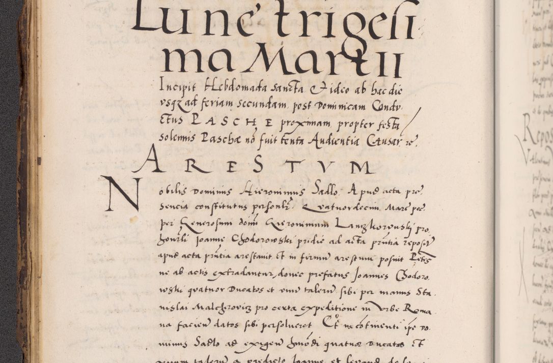 Zdjęcie nr 44 dla obiektu archiwalnego: Acta actorum causarum, sentenciarum diffinitivarum quam interloquutiorum, decretorum, obligationum, quietationum et constitutionum procuratorum coram reverndo domino Petri Porembski preposito Ossviencimensi, canonico et officiali Cracoviensi generali ad annum Dimini 1556, inditione quatuor decima, pontificatus sanctissimi in Christo patris domini Pauli divina providencia pape IIII anno ispius.