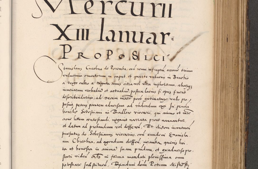 Zdjęcie nr 395 dla obiektu archiwalnego: Acta actorum causarum, sentenciarum diffinitivarum quam interloquutiorum, decretorum, obligationum, quietationum et constitutionum procuratorum coram reverndo domino Petri Porembski preposito Ossviencimensi, canonico et officiali Cracoviensi generali ad annum Dimini 1556, inditione quatuor decima, pontificatus sanctissimi in Christo patris domini Pauli divina providencia pape IIII anno ispius.