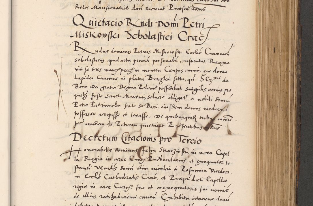 Zdjęcie nr 375 dla obiektu archiwalnego: Acta actorum causarum, sentenciarum diffinitivarum quam interloquutiorum, decretorum, obligationum, quietationum et constitutionum procuratorum coram reverndo domino Petri Porembski preposito Ossviencimensi, canonico et officiali Cracoviensi generali ad annum Dimini 1556, inditione quatuor decima, pontificatus sanctissimi in Christo patris domini Pauli divina providencia pape IIII anno ispius.