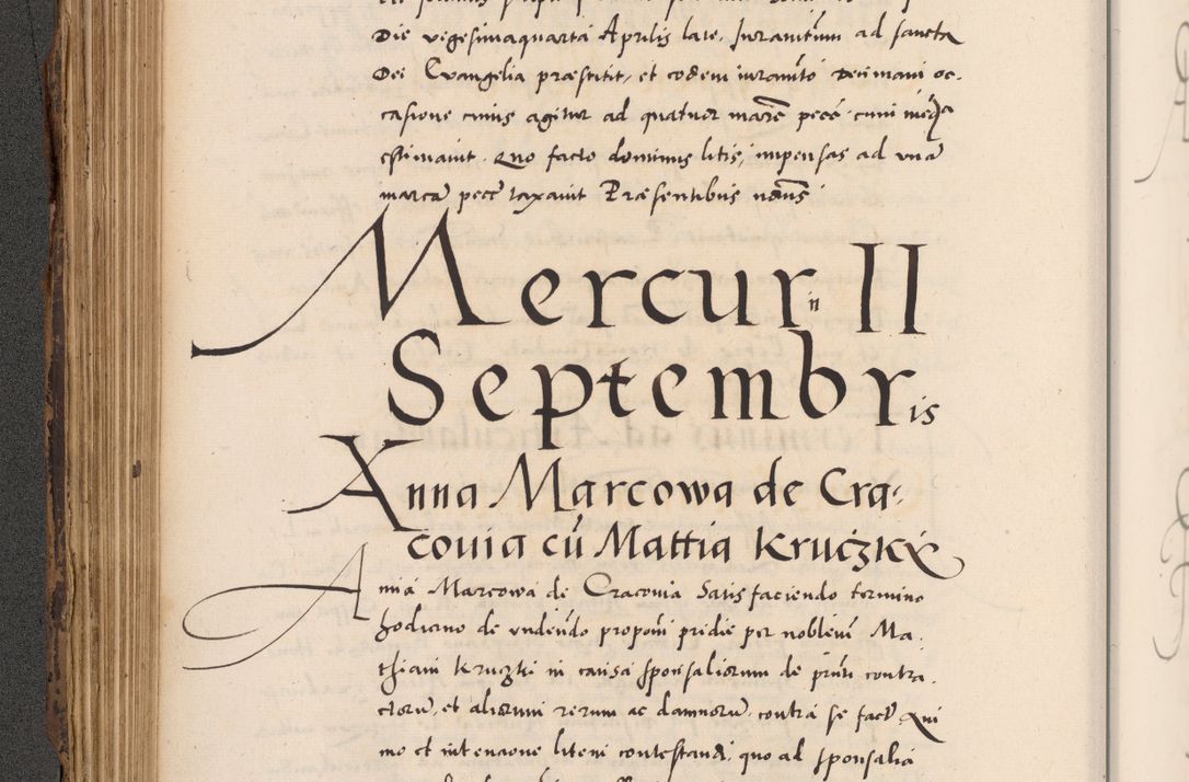 Zdjęcie nr 260 dla obiektu archiwalnego: Acta actorum causarum, sentenciarum diffinitivarum quam interloquutiorum, decretorum, obligationum, quietationum et constitutionum procuratorum coram reverndo domino Petri Porembski preposito Ossviencimensi, canonico et officiali Cracoviensi generali ad annum Dimini 1556, inditione quatuor decima, pontificatus sanctissimi in Christo patris domini Pauli divina providencia pape IIII anno ispius.