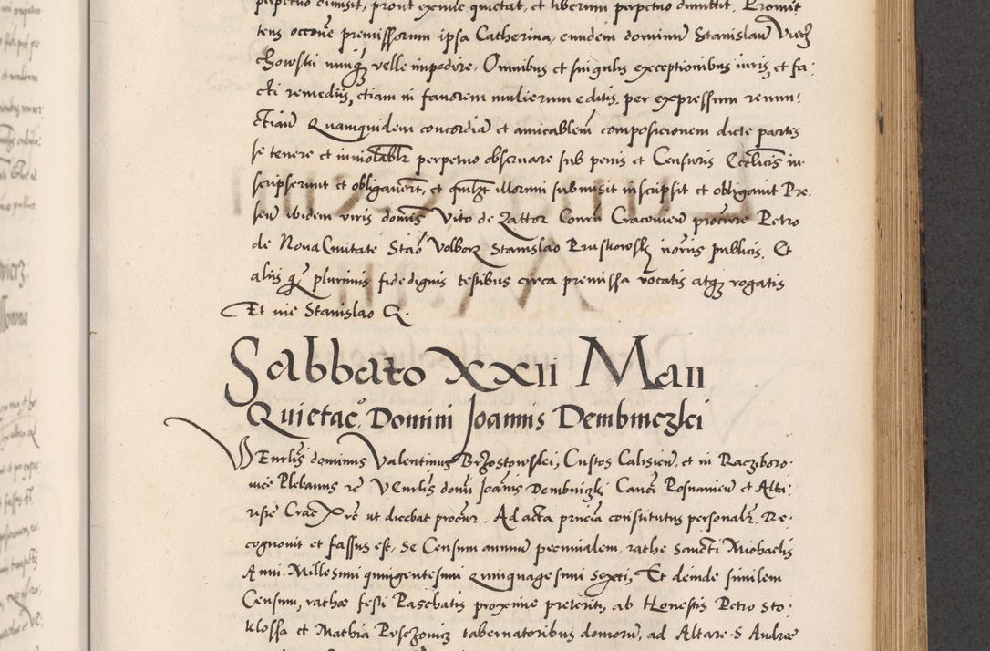 Zdjęcie nr 573 dla obiektu archiwalnego: Acta actorum causarum, sentenciarum diffinitivarum quam interloquutiorum, decretorum, obligationum, quietationum et constitutionum procuratorum coram reverndo domino Petri Porembski preposito Ossviencimensi, canonico et officiali Cracoviensi generali ad annum Dimini 1556, inditione quatuor decima, pontificatus sanctissimi in Christo patris domini Pauli divina providencia pape IIII anno ispius.