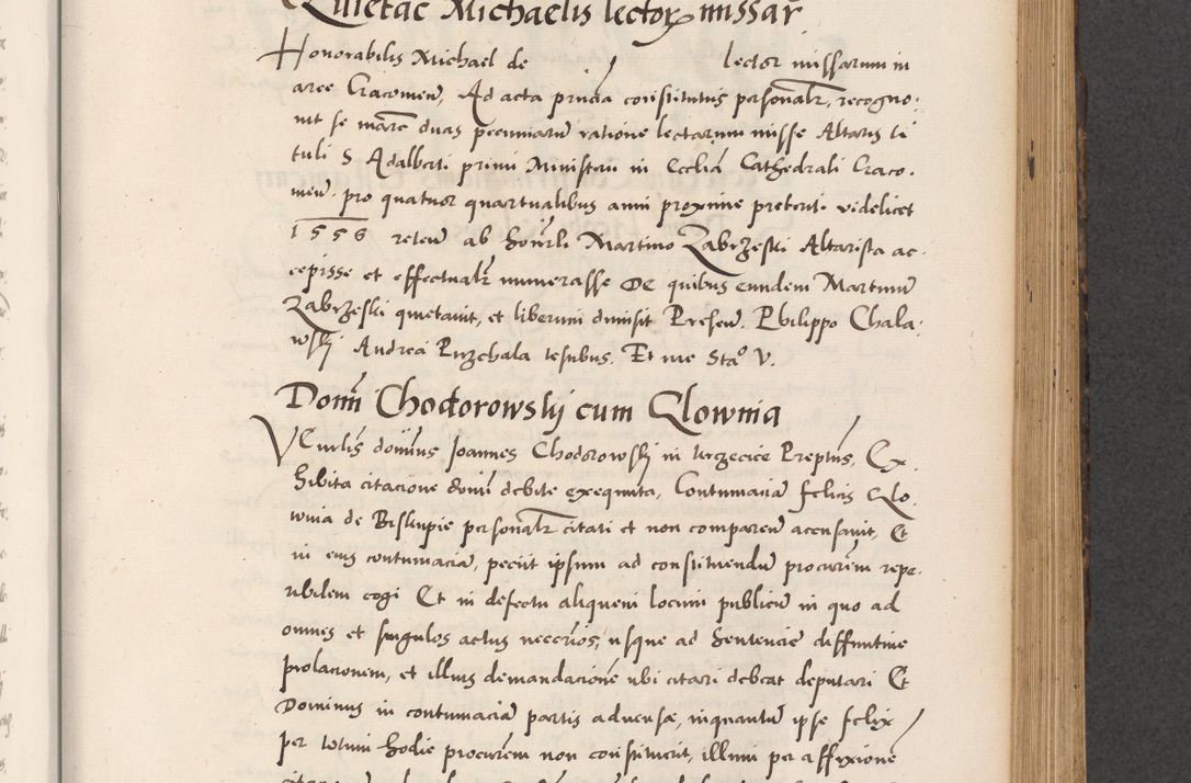 Zdjęcie nr 539 dla obiektu archiwalnego: Acta actorum causarum, sentenciarum diffinitivarum quam interloquutiorum, decretorum, obligationum, quietationum et constitutionum procuratorum coram reverndo domino Petri Porembski preposito Ossviencimensi, canonico et officiali Cracoviensi generali ad annum Dimini 1556, inditione quatuor decima, pontificatus sanctissimi in Christo patris domini Pauli divina providencia pape IIII anno ispius.