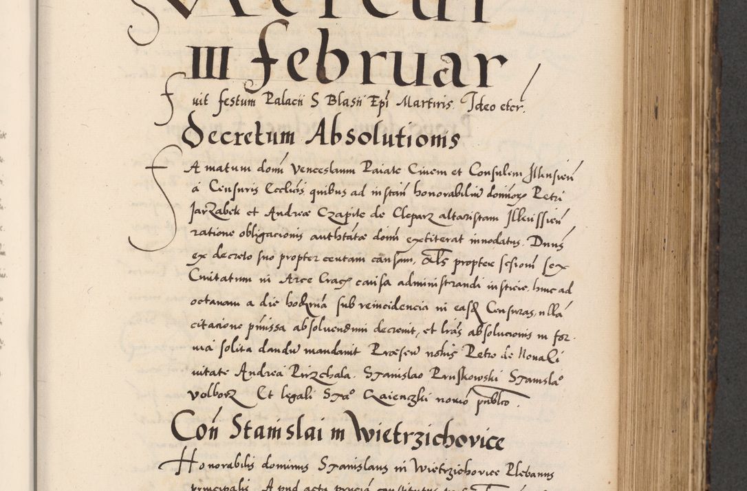 Zdjęcie nr 419 dla obiektu archiwalnego: Acta actorum causarum, sentenciarum diffinitivarum quam interloquutiorum, decretorum, obligationum, quietationum et constitutionum procuratorum coram reverndo domino Petri Porembski preposito Ossviencimensi, canonico et officiali Cracoviensi generali ad annum Dimini 1556, inditione quatuor decima, pontificatus sanctissimi in Christo patris domini Pauli divina providencia pape IIII anno ispius.