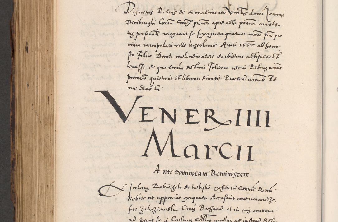 Zdjęcie nr 874 dla obiektu archiwalnego: Acta actorum causarum, sentenciarum diffinitivarum quam interloquutiorum, decretorum, obligationum, quietationum et constitutionum procuratorum coram reverndo domino Petri Porembski preposito Ossviencimensi, canonico et officiali Cracoviensi generali ad annum Dimini 1556, inditione quatuor decima, pontificatus sanctissimi in Christo patris domini Pauli divina providencia pape IIII anno ispius.