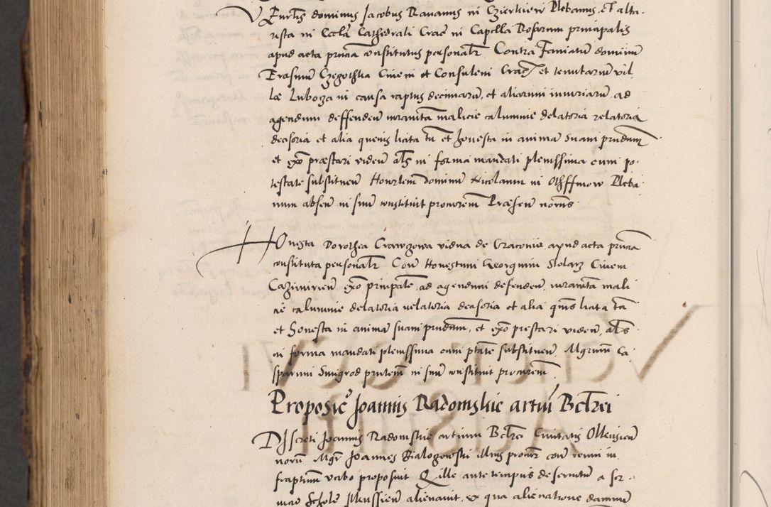 Zdjęcie nr 1054 dla obiektu archiwalnego: Acta actorum causarum, sentenciarum diffinitivarum quam interloquutiorum, decretorum, obligationum, quietationum et constitutionum procuratorum coram reverndo domino Petri Porembski preposito Ossviencimensi, canonico et officiali Cracoviensi generali ad annum Dimini 1556, inditione quatuor decima, pontificatus sanctissimi in Christo patris domini Pauli divina providencia pape IIII anno ispius.