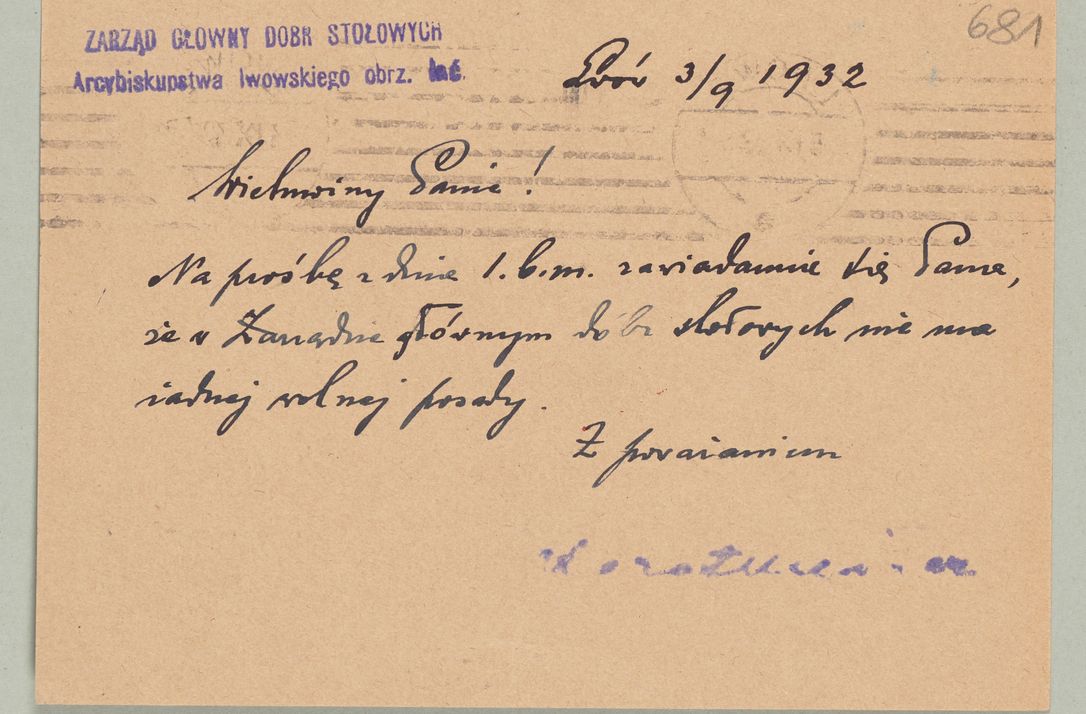 Zdjęcie nr 1334 dla obiektu archiwalnego: Korespondencja do Głównego Zarządu Dóbr Arcybiskupich za lata 1921-1938