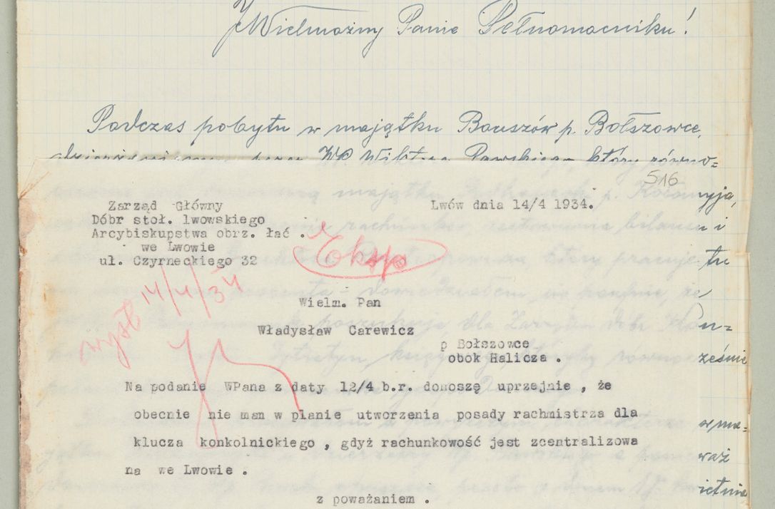 Zdjęcie nr 1019 dla obiektu archiwalnego: Korespondencja do Głównego Zarządu Dóbr Arcybiskupich za lata 1921-1938