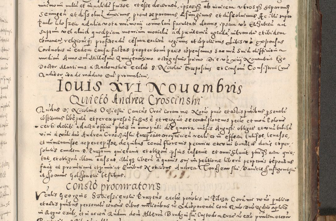 Zdjęcie nr 416 dla obiektu archiwalnego: Acta actorum causarum tam diffinitivarum quam interloquutoriarum sententiarum decretorum obligationum quietatorum constuorum pro reverendum coram Reverendo Domino Alberto Nininski Custode Sandecensis Canonico et Archipresbitero Viccarioque in Spiritualibus ac Officiali Generali Cracoviensis ad Annum Domini Millesimum Qumgentesimum Septuagentesimum Nonum cuius Judictio septima Pontificat SS. nostri Domini Gregory pp. tredecimi Anno septimo inchoantur faliciter
