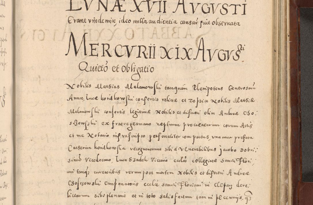 Zdjęcie nr 927 dla obiektu archiwalnego: Acta actorum causarum sententiarum tam diffinitivarum quam interloquutoriarum decretorum obligationum quietationum, constitutionum procuratorum etc. etc. coram Reverendo Domino Stanislao Manieczki Sacratissimi Corporis Christi Cazimiriae Praeposito Viccario in Spiritualibus ac Officiali Generali Cracoviensi ad Annum Domini Millesimum Quingentesimum Octuagesimum Tercium indictione undecima pontificatus Sanctissimi in Christo Patris Domini Nostri Domini Gregorii Divina Providentia Papae Tredecimi Anno ipsius duodecima faeliciter inchoantur 