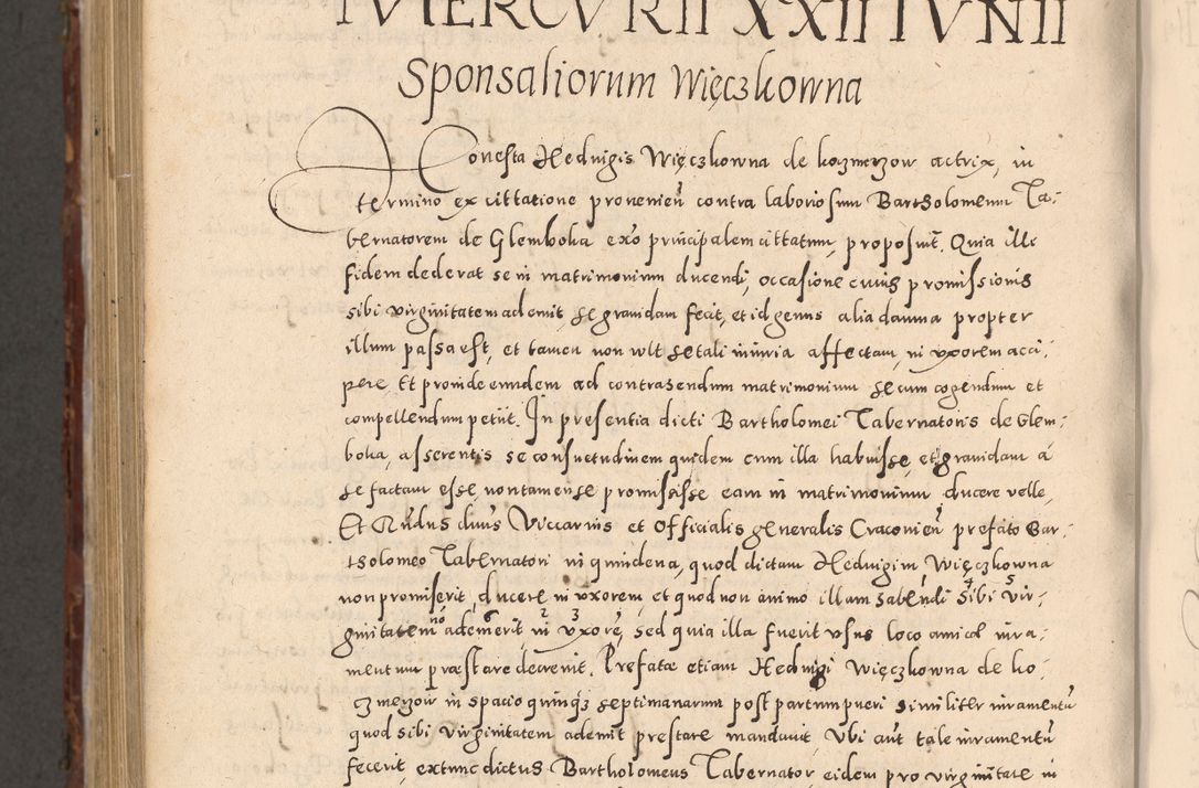 Zdjęcie nr 1104 dla obiektu archiwalnego: Acta actorum causarum sententiarum tam diffinitivarum quam interloquutoriarum decretorum obligationum quietationum, constitutionum procuratorum etc. etc. coram Reverendo Domino Stanislao Manieczki Sacratissimi Corporis Christi Cazimiriae Praeposito Viccario in Spiritualibus ac Officiali Generali Cracoviensi ad Annum Domini Millesimum Quingentesimum Octuagesimum Tercium indictione undecima pontificatus Sanctissimi in Christo Patris Domini Nostri Domini Gregorii Divina Providentia Papae Tredecimi Anno ipsius duodecima faeliciter inchoantur 