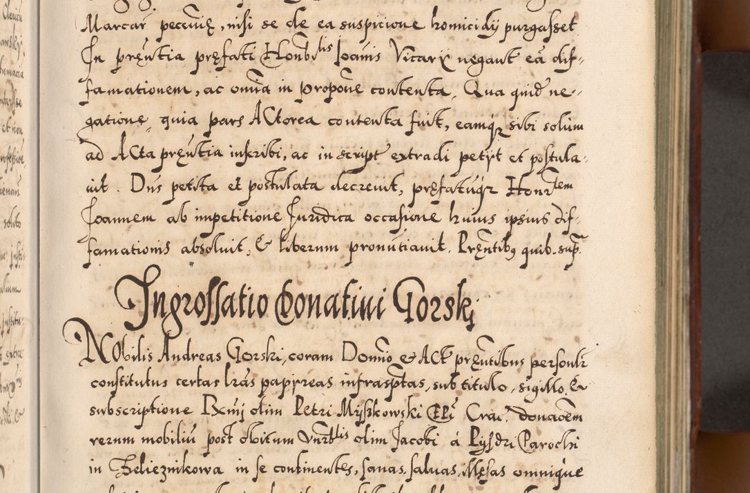 Zdjęcie nr 30 dla obiektu archiwalnego: Illistrissimo et revedissimo in Christo Patre Domino Domino Georgio Rzadziwił Miserone Divina Sacrostae R. E. Tituli S. Sixti Presbitero Cardinali Duce in Olyka et Niesswiesz ad Gubernacula Ecclessiae Cracoviensis cuius administratorialem a Sancta Sede Apostolica obtinverat feliciter sedente. Acta actorum, causarum, sententiarum tam deffinitivarum quam interloquutoriarum decretorum, obligationum, quietationum, recognitionum, constitutionum procuratorum etc. coram Reverendo Domino Stanislao Crassinskz de Crasne Archidiacono Cracoviensis, Scholastico Gnesnesis, Custode Plocensis etc. Vicario et Officiali Generali Cracoviensi in Ano Domini Millesimo Quingentesimo Nonagesimo Primo cuius indictio quarta pontificatus SS. Domini Nostri Gregorii XIIII Anno I psius prio feliciter incipiut
