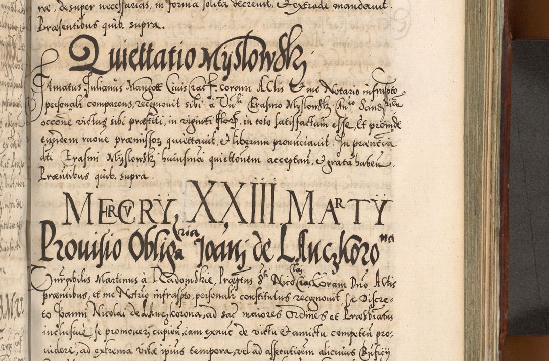 Zdjęcie nr 850 dla obiektu archiwalnego: Illistrissimo et revedissimo in Christo Patre Domino Domino Georgio Rzadziwił Miserone Divina Sacrostae R. E. Tituli S. Sixti Presbitero Cardinali Duce in Olyka et Niesswiesz ad Gubernacula Ecclessiae Cracoviensis cuius administratorialem a Sancta Sede Apostolica obtinverat feliciter sedente. Acta actorum, causarum, sententiarum tam deffinitivarum quam interloquutoriarum decretorum, obligationum, quietationum, recognitionum, constitutionum procuratorum etc. coram Reverendo Domino Stanislao Crassinskz de Crasne Archidiacono Cracoviensis, Scholastico Gnesnesis, Custode Plocensis etc. Vicario et Officiali Generali Cracoviensi in Ano Domini Millesimo Quingentesimo Nonagesimo Primo cuius indictio quarta pontificatus SS. Domini Nostri Gregorii XIIII Anno I psius prio feliciter incipiut