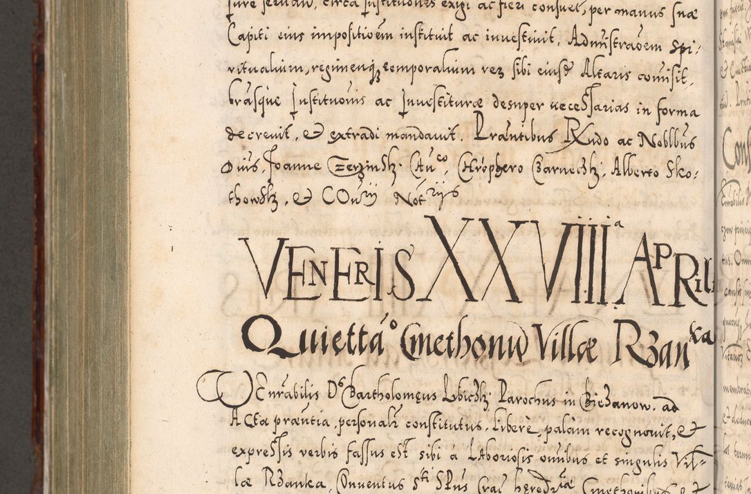 Zdjęcie nr 1112 dla obiektu archiwalnego: Illistrissimo et revedissimo in Christo Patre Domino Domino Georgio Rzadziwił Miserone Divina Sacrostae R. E. Tituli S. Sixti Presbitero Cardinali Duce in Olyka et Niesswiesz ad Gubernacula Ecclessiae Cracoviensis cuius administratorialem a Sancta Sede Apostolica obtinverat feliciter sedente. Acta actorum, causarum, sententiarum tam deffinitivarum quam interloquutoriarum decretorum, obligationum, quietationum, recognitionum, constitutionum procuratorum etc. coram Reverendo Domino Stanislao Crassinskz de Crasne Archidiacono Cracoviensis, Scholastico Gnesnesis, Custode Plocensis etc. Vicario et Officiali Generali Cracoviensi in Ano Domini Millesimo Quingentesimo Nonagesimo Primo cuius indictio quarta pontificatus SS. Domini Nostri Gregorii XIIII Anno I psius prio feliciter incipiut