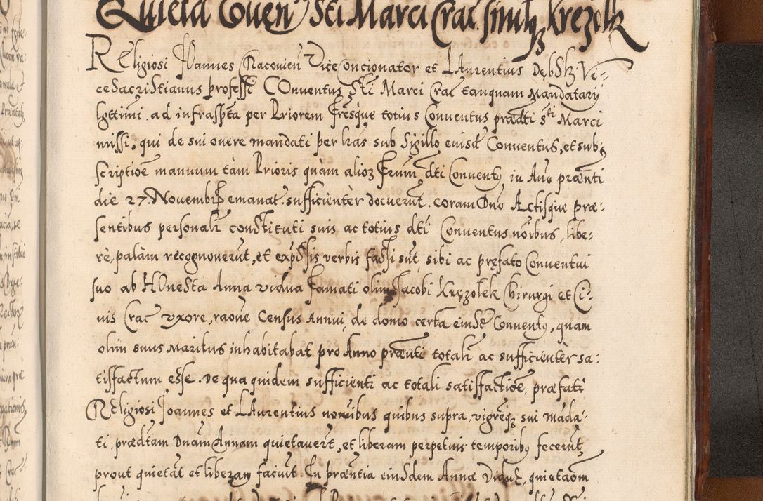 Zdjęcie nr 1238 dla obiektu archiwalnego: Illistrissimo et revedissimo in Christo Patre Domino Domino Georgio Rzadziwił Miserone Divina Sacrostae R. E. Tituli S. Sixti Presbitero Cardinali Duce in Olyka et Niesswiesz ad Gubernacula Ecclessiae Cracoviensis cuius administratorialem a Sancta Sede Apostolica obtinverat feliciter sedente. Acta actorum, causarum, sententiarum tam deffinitivarum quam interloquutoriarum decretorum, obligationum, quietationum, recognitionum, constitutionum procuratorum etc. coram Reverendo Domino Stanislao Crassinskz de Crasne Archidiacono Cracoviensis, Scholastico Gnesnesis, Custode Plocensis etc. Vicario et Officiali Generali Cracoviensi in Ano Domini Millesimo Quingentesimo Nonagesimo Primo cuius indictio quarta pontificatus SS. Domini Nostri Gregorii XIIII Anno I psius prio feliciter incipiut