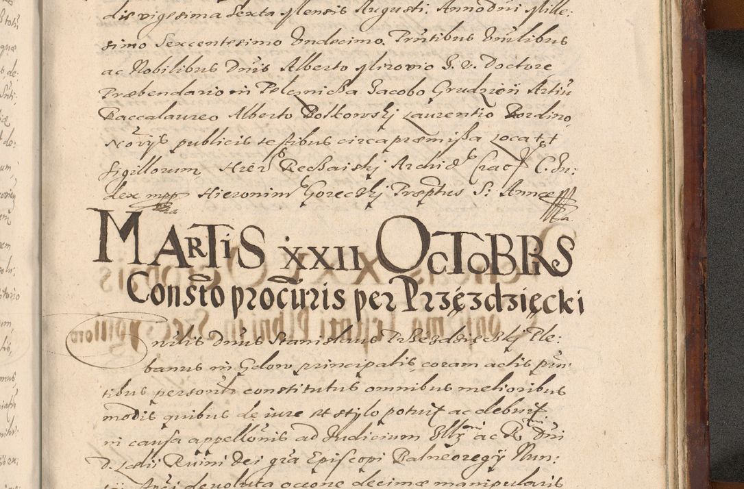 Zdjęcie nr 1419 dla obiektu archiwalnego: Acta actorum causarum sententiarum tam diffinitiuarum quam interloquutorisrum decretorum obligationum quietationum procuratorum constitutionum etc. etc. coram Reverendo Domino Paulo Dembski Dei et Apostolice Sedis Gratia Episcopalo Dicensis Suffraganeo Canonico Vicario in Spiritualibus et Officiali Generali Cracoviensis ad Annum Domini Millesimum Sexcentesimum Undecimum cuius indictio octava pontificatus Sanctissimi Domini Nostri Domini Pauli Divina Providentia Papae Vti foeliciter continuantur