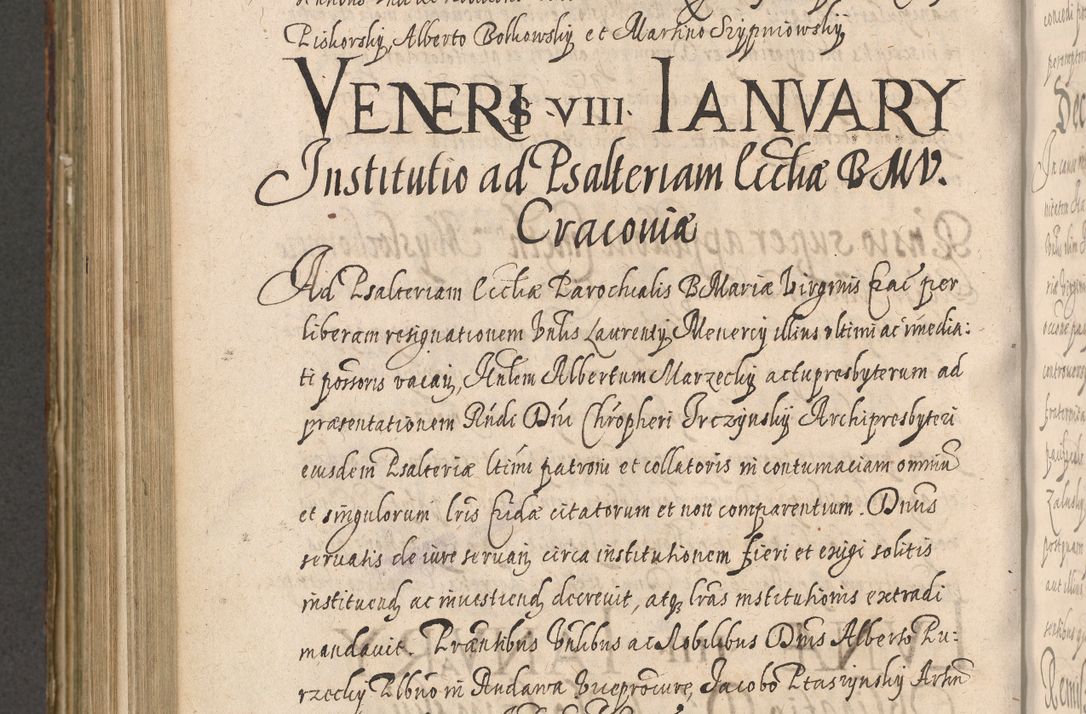Zdjęcie nr 956 dla obiektu archiwalnego: Illustrissimo et Reverendissimo in Christo Patre Domino Domino Petro Tylicki Dei et Apostolice Sedis Gratia Episcopo Cracoviensis Duce Severiensis Acta actorum causarum sententiarum tam interloquutoriarum quam definitivarum decretorum obligationum, quietationum, recognitionum, constitutionum procuratorum etc. etc. coram Admodum Reverendo Domino Thoma Oborski I. V. Doctore Canonico Vicario in Spiritualibus et Officiali generali Cracoviensis in anno Domini Millesimo Sexcentessimo Decimoquarto Cuius Indictio duodecima Pontificus SS. D. N. D. Pauli Divina providentia Papae quinti Anno decimo foeliciter incipiunt