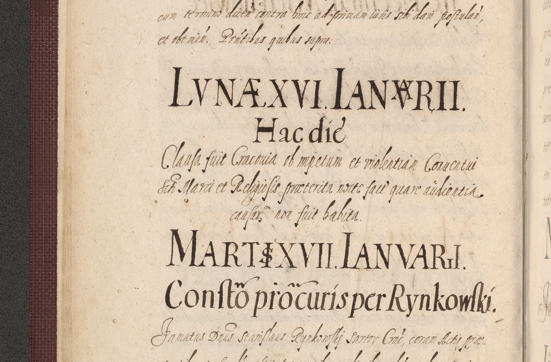 Zdjęcie nr 14 dla obiektu archiwalnego: Acta actorum causarum obligationum institutionum, decretorum, constitutionum, quietonum, resignonum, cessionum, accaeterarum, obseruonum tam iudicialium quam extraiudicialium coram Admondo Reverendo Domino Joanne Zerzynski Canonico, Vicario in Spiritualibus et Officiali generali Cracoviensis Iudice deputati per Illustrissimum ac Reverendissimum Dominum Martinum Szyszkowski Dei et Apostolice Sedis gratia Episcopum Cracoviensis ad Annum Domini Millesimum Sexcentesimum Decimum Septimum Indicatione quindecima Pontificus SS. D. N. D. Pauli Divina providentia Papae V. foeliciter moderni anno ipsus duodecimo continuantur