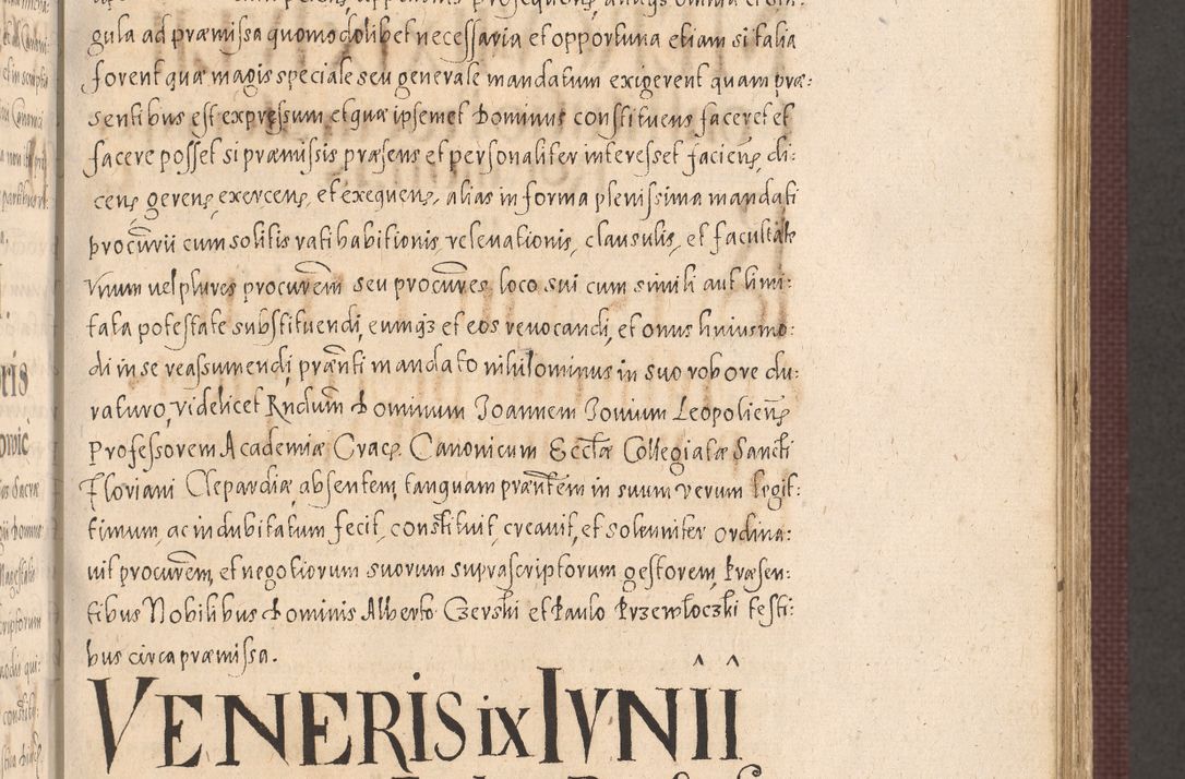 Zdjęcie nr 397 dla obiektu archiwalnego: Acta actorum causarum obligationum institutionum, decretorum, constitutionum, quietonum, resignonum, cessionum, accaeterarum, obseruonum tam iudicialium quam extraiudicialium coram Admondo Reverendo Domino Joanne Zerzynski Canonico, Vicario in Spiritualibus et Officiali generali Cracoviensis Iudice deputati per Illustrissimum ac Reverendissimum Dominum Martinum Szyszkowski Dei et Apostolice Sedis gratia Episcopum Cracoviensis ad Annum Domini Millesimum Sexcentesimum Decimum Septimum Indicatione quindecima Pontificus SS. D. N. D. Pauli Divina providentia Papae V. foeliciter moderni anno ipsus duodecimo continuantur