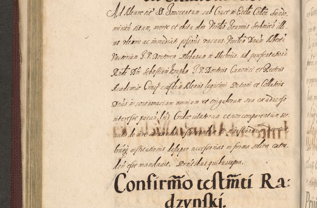 Zdjęcie nr 246 dla obiektu archiwalnego: Acta actorum causarum obligationum institutionum, decretorum, constitutionum, quietonum, resignonum, cessionum, accaeterarum, obseruonum tam iudicialium quam extraiudicialium coram Admondo Reverendo Domino Joanne Zerzynski Canonico, Vicario in Spiritualibus et Officiali generali Cracoviensis Iudice deputati per Illustrissimum ac Reverendissimum Dominum Martinum Szyszkowski Dei et Apostolice Sedis gratia Episcopum Cracoviensis ad Annum Domini Millesimum Sexcentesimum Decimum Septimum Indicatione quindecima Pontificus SS. D. N. D. Pauli Divina providentia Papae V. foeliciter moderni anno ipsus duodecimo continuantur