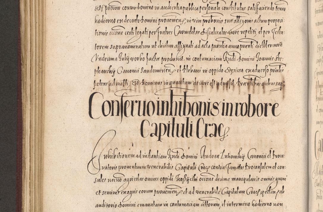 Zdjęcie nr 960 dla obiektu archiwalnego: Acta actorum causarum obligationum institutionum, decretorum, constitutionum, quietonum, resignonum, cessionum, accaeterarum, obseruonum tam iudicialium quam extraiudicialium coram Admondo Reverendo Domino Joanne Zerzynski Canonico, Vicario in Spiritualibus et Officiali generali Cracoviensis Iudice deputati per Illustrissimum ac Reverendissimum Dominum Martinum Szyszkowski Dei et Apostolice Sedis gratia Episcopum Cracoviensis ad Annum Domini Millesimum Sexcentesimum Decimum Septimum Indicatione quindecima Pontificus SS. D. N. D. Pauli Divina providentia Papae V. foeliciter moderni anno ipsus duodecimo continuantur