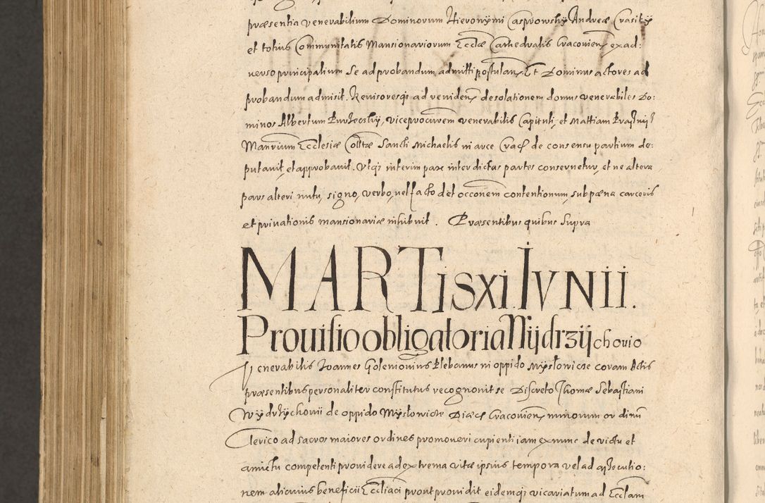 Zdjęcie nr 1294 dla obiektu archiwalnego: Acta actorum causarum obligationum institutionum, decretorum, constitutionum, quietonum, resignonum, cessionum, accaeterarum, obseruonum tam iudicialium quam extraiudicialium coram Admondo Reverendo Domino Joanne Zerzynski Canonico, Vicario in Spiritualibus et Officiali generali Cracoviensis Iudice deputati per Illustrissimum ac Reverendissimum Dominum Martinum Szyszkowski Dei et Apostolice Sedis gratia Episcopum Cracoviensis ad Annum Domini Millesimum Sexcentesimum Decimum Septimum Indicatione quindecima Pontificus SS. D. N. D. Pauli Divina providentia Papae V. foeliciter moderni anno ipsus duodecimo continuantur