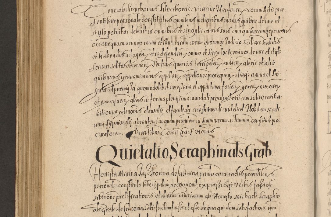 Zdjęcie nr 1148 dla obiektu archiwalnego: Acta actorum causarum obligationum institutionum, decretorum, constitutionum, quietonum, resignonum, cessionum, accaeterarum, obseruonum tam iudicialium quam extraiudicialium coram Admondo Reverendo Domino Joanne Zerzynski Canonico, Vicario in Spiritualibus et Officiali generali Cracoviensis Iudice deputati per Illustrissimum ac Reverendissimum Dominum Martinum Szyszkowski Dei et Apostolice Sedis gratia Episcopum Cracoviensis ad Annum Domini Millesimum Sexcentesimum Decimum Septimum Indicatione quindecima Pontificus SS. D. N. D. Pauli Divina providentia Papae V. foeliciter moderni anno ipsus duodecimo continuantur