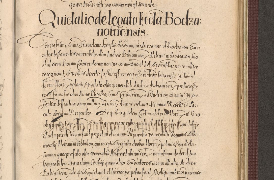 Zdjęcie nr 1147 dla obiektu archiwalnego: Acta actorum causarum obligationum institutionum, decretorum, constitutionum, quietonum, resignonum, cessionum, accaeterarum, obseruonum tam iudicialium quam extraiudicialium coram Admondo Reverendo Domino Joanne Zerzynski Canonico, Vicario in Spiritualibus et Officiali generali Cracoviensis Iudice deputati per Illustrissimum ac Reverendissimum Dominum Martinum Szyszkowski Dei et Apostolice Sedis gratia Episcopum Cracoviensis ad Annum Domini Millesimum Sexcentesimum Decimum Septimum Indicatione quindecima Pontificus SS. D. N. D. Pauli Divina providentia Papae V. foeliciter moderni anno ipsus duodecimo continuantur