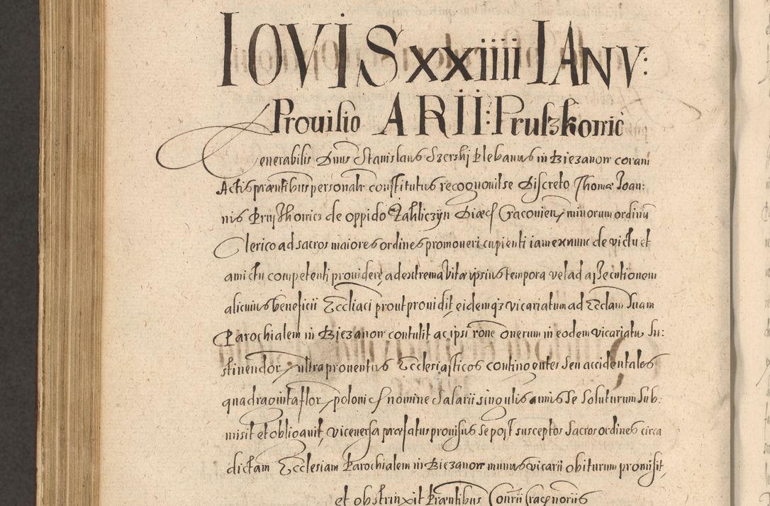 Zdjęcie nr 1144 dla obiektu archiwalnego: Acta actorum causarum obligationum institutionum, decretorum, constitutionum, quietonum, resignonum, cessionum, accaeterarum, obseruonum tam iudicialium quam extraiudicialium coram Admondo Reverendo Domino Joanne Zerzynski Canonico, Vicario in Spiritualibus et Officiali generali Cracoviensis Iudice deputati per Illustrissimum ac Reverendissimum Dominum Martinum Szyszkowski Dei et Apostolice Sedis gratia Episcopum Cracoviensis ad Annum Domini Millesimum Sexcentesimum Decimum Septimum Indicatione quindecima Pontificus SS. D. N. D. Pauli Divina providentia Papae V. foeliciter moderni anno ipsus duodecimo continuantur