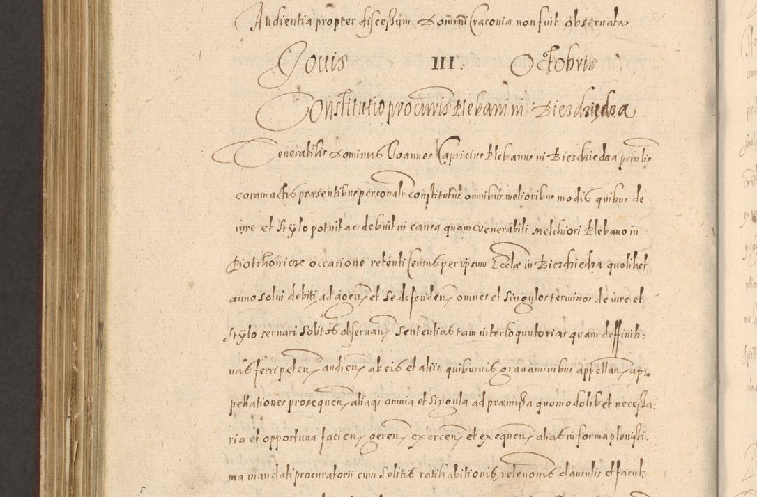 Zdjęcie nr 1436 dla obiektu archiwalnego: Acta actorum causarum obligationum institutionum, decretorum, constitutionum, quietonum, resignonum, cessionum, accaeterarum, obseruonum tam iudicialium quam extraiudicialium coram Admondo Reverendo Domino Joanne Zerzynski Canonico, Vicario in Spiritualibus et Officiali generali Cracoviensis Iudice deputati per Illustrissimum ac Reverendissimum Dominum Martinum Szyszkowski Dei et Apostolice Sedis gratia Episcopum Cracoviensis ad Annum Domini Millesimum Sexcentesimum Decimum Septimum Indicatione quindecima Pontificus SS. D. N. D. Pauli Divina providentia Papae V. foeliciter moderni anno ipsus duodecimo continuantur