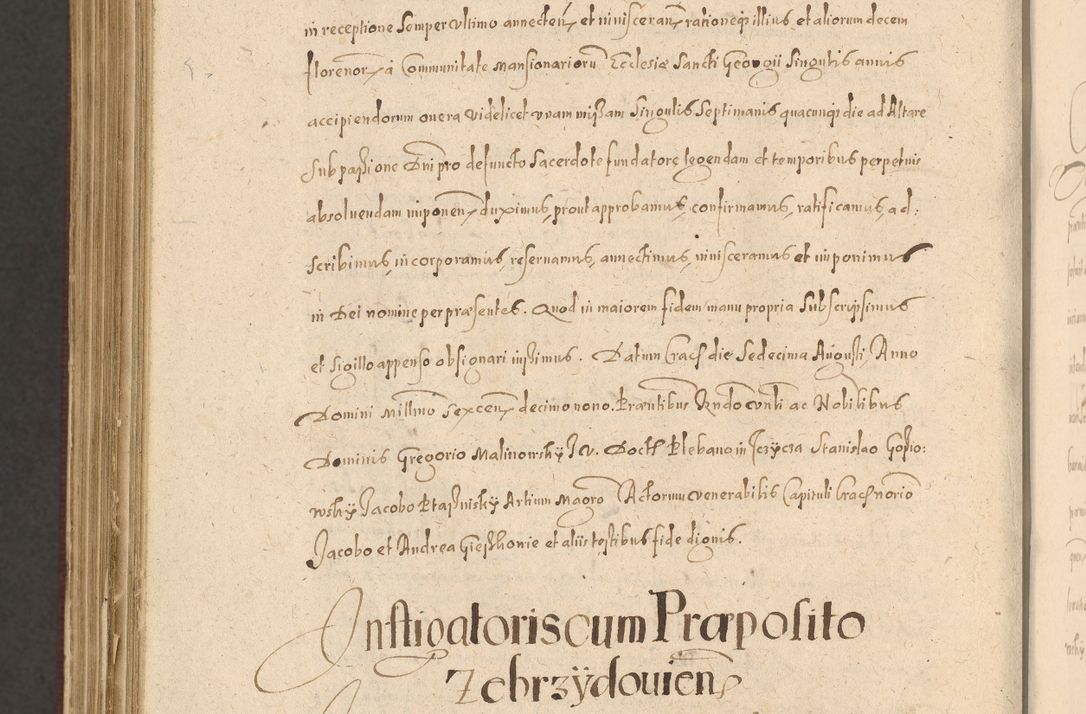 Zdjęcie nr 1376 dla obiektu archiwalnego: Acta actorum causarum obligationum institutionum, decretorum, constitutionum, quietonum, resignonum, cessionum, accaeterarum, obseruonum tam iudicialium quam extraiudicialium coram Admondo Reverendo Domino Joanne Zerzynski Canonico, Vicario in Spiritualibus et Officiali generali Cracoviensis Iudice deputati per Illustrissimum ac Reverendissimum Dominum Martinum Szyszkowski Dei et Apostolice Sedis gratia Episcopum Cracoviensis ad Annum Domini Millesimum Sexcentesimum Decimum Septimum Indicatione quindecima Pontificus SS. D. N. D. Pauli Divina providentia Papae V. foeliciter moderni anno ipsus duodecimo continuantur
