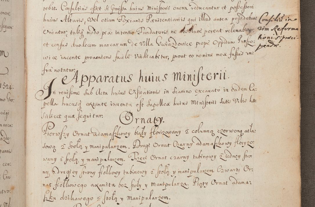 Zdjęcie nr 252 dla obiektu archiwalnego: In Nomine Domini Amen. ACTA VISITATIONIS. Externa sub Anno 1670 in Mense Julio incepta et in Augusto ac aliis Sequentibus eiusdem Anni mensibus per olim Illustrissimum ac Reverendissimum Dominum Andream Trzebicki Episcopum Cracoviensem in Cathedrali Ecclesia peractae, et successive per omnia et singula eiusdem Ecclesiae Sacella seu Capellas continuata atque ad hoc secundum volumen redacta et partim ob pestem Cracoviensem quadriennio grassantem partim ob alia legalia impedimenta quominus eadem Visitatio executa fuerit retardatae Demum morte praefati Illustrissimi et Reverendissimi Andreae Episcopi in Anno 1679 interveniente eadem Acta uti tam posthuma sub felici regimine Illustrissimi et Reverendissimi Domini Joannis Małachowski immediate in eundem Episcopatum succedentes ad effectum et finem executoris Authe. ordinaria in Anno 1682 sunt et fuerunt publicata, atque ideo illis omnibus et singulis quibus interest intimata.  VISITATIO Altarium Ecclesiae Cathedralis Cracoviensis infraspecificatorum circa translationem suorum ministeriorum et unionem Altaribus marmoreis ad quatuor columnas Ecclesiae sitis Anno Domini 1760 Die 17 Mensis Martij peracta. Perillustris Reverendissimus Dominus Hyacinthus Łopacki Canonicus Cathedralis et Archipresbyter Infulatus Cracoviensis Decanus Sandomiriensis a Celsissimo Illustrissimo Reverendissimo Domino Cajetano Ignatio Sołtyk Dei et Apostolicae Sedis Gratia Episcopo Cracoviensi Duce Severiae ad infrascripta delegatus per instrumentum tenoris sequentis ...