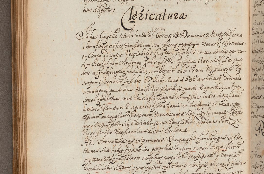 Zdjęcie nr 208 dla obiektu archiwalnego: In Nomine Domini Amen. ACTA VISITATIONIS. Externa sub Anno 1670 in Mense Julio incepta et in Augusto ac aliis Sequentibus eiusdem Anni mensibus per olim Illustrissimum ac Reverendissimum Dominum Andream Trzebicki Episcopum Cracoviensem in Cathedrali Ecclesia peractae, et successive per omnia et singula eiusdem Ecclesiae Sacella seu Capellas continuata atque ad hoc secundum volumen redacta et partim ob pestem Cracoviensem quadriennio grassantem partim ob alia legalia impedimenta quominus eadem Visitatio executa fuerit retardatae Demum morte praefati Illustrissimi et Reverendissimi Andreae Episcopi in Anno 1679 interveniente eadem Acta uti tam posthuma sub felici regimine Illustrissimi et Reverendissimi Domini Joannis Małachowski immediate in eundem Episcopatum succedentes ad effectum et finem executoris Authe. ordinaria in Anno 1682 sunt et fuerunt publicata, atque ideo illis omnibus et singulis quibus interest intimata.  VISITATIO Altarium Ecclesiae Cathedralis Cracoviensis infraspecificatorum circa translationem suorum ministeriorum et unionem Altaribus marmoreis ad quatuor columnas Ecclesiae sitis Anno Domini 1760 Die 17 Mensis Martij peracta. Perillustris Reverendissimus Dominus Hyacinthus Łopacki Canonicus Cathedralis et Archipresbyter Infulatus Cracoviensis Decanus Sandomiriensis a Celsissimo Illustrissimo Reverendissimo Domino Cajetano Ignatio Sołtyk Dei et Apostolicae Sedis Gratia Episcopo Cracoviensi Duce Severiae ad infrascripta delegatus per instrumentum tenoris sequentis ...
