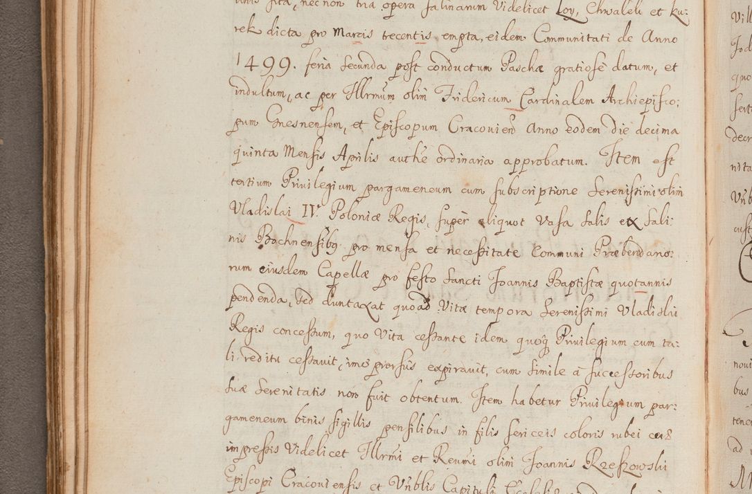 Zdjęcie nr 104 dla obiektu archiwalnego: In Nomine Domini Amen. ACTA VISITATIONIS. Externa sub Anno 1670 in Mense Julio incepta et in Augusto ac aliis Sequentibus eiusdem Anni mensibus per olim Illustrissimum ac Reverendissimum Dominum Andream Trzebicki Episcopum Cracoviensem in Cathedrali Ecclesia peractae, et successive per omnia et singula eiusdem Ecclesiae Sacella seu Capellas continuata atque ad hoc secundum volumen redacta et partim ob pestem Cracoviensem quadriennio grassantem partim ob alia legalia impedimenta quominus eadem Visitatio executa fuerit retardatae Demum morte praefati Illustrissimi et Reverendissimi Andreae Episcopi in Anno 1679 interveniente eadem Acta uti tam posthuma sub felici regimine Illustrissimi et Reverendissimi Domini Joannis Małachowski immediate in eundem Episcopatum succedentes ad effectum et finem executoris Authe. ordinaria in Anno 1682 sunt et fuerunt publicata, atque ideo illis omnibus et singulis quibus interest intimata.  VISITATIO Altarium Ecclesiae Cathedralis Cracoviensis infraspecificatorum circa translationem suorum ministeriorum et unionem Altaribus marmoreis ad quatuor columnas Ecclesiae sitis Anno Domini 1760 Die 17 Mensis Martij peracta. Perillustris Reverendissimus Dominus Hyacinthus Łopacki Canonicus Cathedralis et Archipresbyter Infulatus Cracoviensis Decanus Sandomiriensis a Celsissimo Illustrissimo Reverendissimo Domino Cajetano Ignatio Sołtyk Dei et Apostolicae Sedis Gratia Episcopo Cracoviensi Duce Severiae ad infrascripta delegatus per instrumentum tenoris sequentis ...