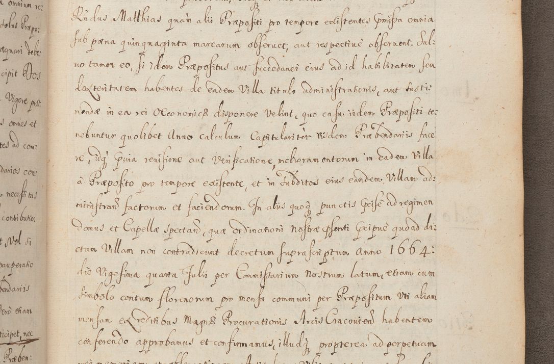 Zdjęcie nr 284 dla obiektu archiwalnego: In Nomine Domini Amen. ACTA VISITATIONIS. Externa sub Anno 1670 in Mense Julio incepta et in Augusto ac aliis Sequentibus eiusdem Anni mensibus per olim Illustrissimum ac Reverendissimum Dominum Andream Trzebicki Episcopum Cracoviensem in Cathedrali Ecclesia peractae, et successive per omnia et singula eiusdem Ecclesiae Sacella seu Capellas continuata atque ad hoc secundum volumen redacta et partim ob pestem Cracoviensem quadriennio grassantem partim ob alia legalia impedimenta quominus eadem Visitatio executa fuerit retardatae Demum morte praefati Illustrissimi et Reverendissimi Andreae Episcopi in Anno 1679 interveniente eadem Acta uti tam posthuma sub felici regimine Illustrissimi et Reverendissimi Domini Joannis Małachowski immediate in eundem Episcopatum succedentes ad effectum et finem executoris Authe. ordinaria in Anno 1682 sunt et fuerunt publicata, atque ideo illis omnibus et singulis quibus interest intimata.  VISITATIO Altarium Ecclesiae Cathedralis Cracoviensis infraspecificatorum circa translationem suorum ministeriorum et unionem Altaribus marmoreis ad quatuor columnas Ecclesiae sitis Anno Domini 1760 Die 17 Mensis Martij peracta. Perillustris Reverendissimus Dominus Hyacinthus Łopacki Canonicus Cathedralis et Archipresbyter Infulatus Cracoviensis Decanus Sandomiriensis a Celsissimo Illustrissimo Reverendissimo Domino Cajetano Ignatio Sołtyk Dei et Apostolicae Sedis Gratia Episcopo Cracoviensi Duce Severiae ad infrascripta delegatus per instrumentum tenoris sequentis ...