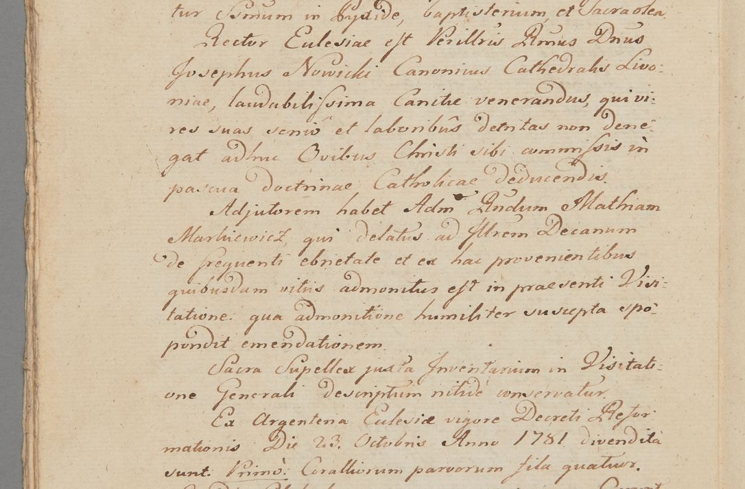 Zdjęcie nr 25 dla obiektu archiwalnego: ACTUS Visitationis Decanalis Ecclesiarum Parochialium Dioecesis Cracoviensis Decanatus Zwolinensis Ex Mandato Illustrissimi Reverendissimi Domini Augustini Caroli Borromaei LIPIŃSKI Utriusque Juris Doctoris, Ecclesiarum Cathedralium Cracoviensis Scholastici Provisi, Plocensis Canonici, Vicarii in Spiritualibus, et Officialis Generalis Cracoviensis, Ordinis Sancti Stanislai EQUITIS per Epistolam Encyclicam ad Decaneos Foraneos Dioecesis Cracoviensis Typis impressam Datam Cracoviae Die 29 Septembris Anno 1795 Promulgato per Me Joannem Cantium Poznański Canonicum Sancti Sepulcri Domini Praepositum Skarisoviensem pro Illustri Admodum Reverendo Domino Decano Zwolinensi Substitutum Visitatorem Mense Novembri peractae.