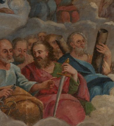 Zdjęcie nr 39: Przyścienny architektoniczny ołtarz jednoosiowy i jednokondygnacjowy, ze zwieńczeniem. Ołtarz jest murowany, w formie prostopadłościennej, skrzyni z portatylem i drewnianym antepedium. Nastawa ołtarzowa jest osadzona na dwóch flankujących mensę wysokich, ukośnych cokołach. Część środkową retabulum ujmuje para skośnie ustawionych filarów, pilastrów i kolumn o korynckich kapitelach wspierających subtelnie wyłamujące się ponad nimi, przerwane w partii architrawu i fryzu belkowanie. Zwieńczenie jest w formie przerwanego, półkolistego skośnie ustawionego przyczółka. Boki cokołu retabulum zdobi motyw wazonów. Pole ujętego profilowaną, złoconą ramą antepedium wypełniają trzy okrągłe medaliony, środkowy z monogramem imienia Jezus, w dwóch bocznych litery A i Ω, a w narożach motywy akantu. Część środkowa retabulum jest zaaranżowana w formie wnęki w kształcie stojącego prostokąta zamkniętego nadwieszonym łukiem półkolistym, ujętej profilowaną, złocona ramą, której dłuższe boki zdobią różane gałązki z kwiatami. Pośrodku belkowania znajduje się fantazyjny, rocaille'owy kartusz. Boki zwieńczenia zdobią figury czterech ewangelistów wraz z ich symbolami od prawej: św. Marek z lwem, św. Jan z orłem, św. Mateusz (brak), św. Łukasz z wołem. Pośrodku zwieńczenia znajduje się promienista gloria o alternowanych promieniach, z wieńcem srebrzonych obłoków oraz z trójkątem z okiem Opatrzności Bożej w centrum. Po bokach retabulum umieszczono figury św. Wojciecha po prawej i św. Stanisława po lewej stronie. 
Tabernakulum jest w formie niewielkiej, prostopadłościennej skrzynki obitej miedzianą blachą z trybowanym chryzmonem na drzwiczkach i mniejszymi scenami figuralnymi w obramowaniu.

 Struktura ołtarza utrzymana jest w kolorze kremowym, detal architektoniczny i ornamentyka są złocone.   

