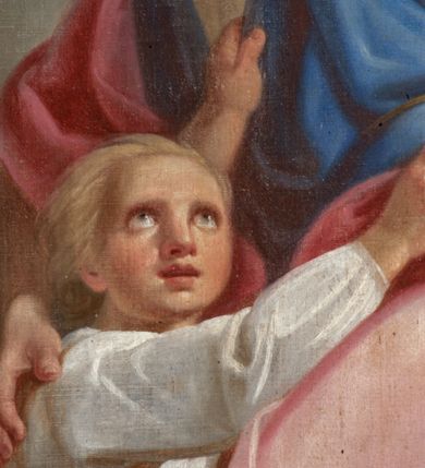 Zdjęcie nr 3: Obraz w kształcie stojącego prostokąta. Scena figuralna, dymaniczna. Prawą część obrazu zajmuje postać zwróconego niemal profilem w prawo Anioła Stróża w wydatnym wykroku i o pochylonej sylwetce. Prawą ręką przygarnia do siebie dziecko, lewą, wzniesioną, ciska piorunem. Przedstawiony, jako młody, atletycznie zbudowany młodzieniec, z twarzą ukazaną z profilu, włosy krótkie, mocny kark. Ubrany w niebieską, przepasaną sznurem, szatę z krótkimi rękawami oraz obfity jasno-różowy, bogato sfałdowany płaszcz, na stopach ma sandały wiązane rzemieniami.  Z tyłu biało-szare skrzydła. Stojące na skraju przepaści, wtulone w anioła dziecko wyciąga ku niemu obie ręce. Okrągłą twarz charakteryzują dziecięce rysy oraz wzniesione ku niebu oczy.  Ubrane jest w białe spodnie i tunikę sięgającą kolan przewiązaną w pasie sznurem, stopy bose. W lewym, dolnym rogu kompozycji, w przepaści wypełnionej ogniem ukazany w półpostaci diabeł. Głowę z rogami odwraca od anioła i osłania się rękami. Oczy duże, wyłupiaste, wystające zęby, duży, zakrzywiony nos; dłonie zaopatrzone w pazury. Ziemia, na której stoją postaci ciemno-brązowa, tło stanowią szaro-błękitno-żółte obłoki. Nad postacią anioła tablice Mojżeszowe. Kolorystyka obrazu jasna, pastelowa, stonowana. Modelunek bardzo miękki. Pod lewą stopą anioła trudna do odczytania sygnatura „Wojciech Eliasz 1854". 

Z tyłu napis „Malowane za staraniem / x(ędza) Wojciecha Praszkiewicza / Proboszcza w Babicach 1854 r[oku]”.

