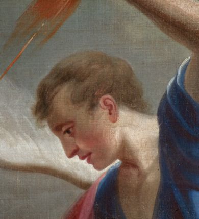 Zdjęcie nr 2: Obraz w kształcie stojącego prostokąta. Scena figuralna, dymaniczna. Prawą część obrazu zajmuje postać zwróconego niemal profilem w prawo Anioła Stróża w wydatnym wykroku i o pochylonej sylwetce. Prawą ręką przygarnia do siebie dziecko, lewą, wzniesioną, ciska piorunem. Przedstawiony, jako młody, atletycznie zbudowany młodzieniec, z twarzą ukazaną z profilu, włosy krótkie, mocny kark. Ubrany w niebieską, przepasaną sznurem, szatę z krótkimi rękawami oraz obfity jasno-różowy, bogato sfałdowany płaszcz, na stopach ma sandały wiązane rzemieniami.  Z tyłu biało-szare skrzydła. Stojące na skraju przepaści, wtulone w anioła dziecko wyciąga ku niemu obie ręce. Okrągłą twarz charakteryzują dziecięce rysy oraz wzniesione ku niebu oczy.  Ubrane jest w białe spodnie i tunikę sięgającą kolan przewiązaną w pasie sznurem, stopy bose. W lewym, dolnym rogu kompozycji, w przepaści wypełnionej ogniem ukazany w półpostaci diabeł. Głowę z rogami odwraca od anioła i osłania się rękami. Oczy duże, wyłupiaste, wystające zęby, duży, zakrzywiony nos; dłonie zaopatrzone w pazury. Ziemia, na której stoją postaci ciemno-brązowa, tło stanowią szaro-błękitno-żółte obłoki. Nad postacią anioła tablice Mojżeszowe. Kolorystyka obrazu jasna, pastelowa, stonowana. Modelunek bardzo miękki. Pod lewą stopą anioła trudna do odczytania sygnatura „Wojciech Eliasz 1854". 

Z tyłu napis „Malowane za staraniem / x(ędza) Wojciecha Praszkiewicza / Proboszcza w Babicach 1854 r[oku]”.

