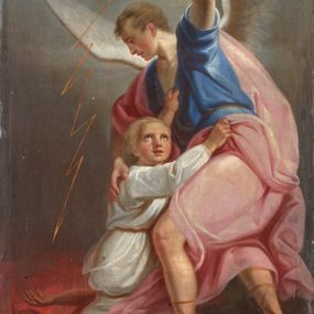 Zdjęcie nr 1: Obraz w kształcie stojącego prostokąta. Scena figuralna, dymaniczna. Prawą część obrazu zajmuje postać zwróconego niemal profilem w prawo Anioła Stróża w wydatnym wykroku i o pochylonej sylwetce. Prawą ręką przygarnia do siebie dziecko, lewą, wzniesioną, ciska piorunem. Przedstawiony, jako młody, atletycznie zbudowany młodzieniec, z twarzą ukazaną z profilu, włosy krótkie, mocny kark. Ubrany w niebieską, przepasaną sznurem, szatę z krótkimi rękawami oraz obfity jasno-różowy, bogato sfałdowany płaszcz, na stopach ma sandały wiązane rzemieniami.  Z tyłu biało-szare skrzydła. Stojące na skraju przepaści, wtulone w anioła dziecko wyciąga ku niemu obie ręce. Okrągłą twarz charakteryzują dziecięce rysy oraz wzniesione ku niebu oczy.  Ubrane jest w białe spodnie i tunikę sięgającą kolan przewiązaną w pasie sznurem, stopy bose. W lewym, dolnym rogu kompozycji, w przepaści wypełnionej ogniem ukazany w półpostaci diabeł. Głowę z rogami odwraca od anioła i osłania się rękami. Oczy duże, wyłupiaste, wystające zęby, duży, zakrzywiony nos; dłonie zaopatrzone w pazury. Ziemia, na której stoją postaci ciemno-brązowa, tło stanowią szaro-błękitno-żółte obłoki. Nad postacią anioła tablice Mojżeszowe. Kolorystyka obrazu jasna, pastelowa, stonowana. Modelunek bardzo miękki. Pod lewą stopą anioła trudna do odczytania sygnatura „Wojciech Eliasz 1854". 

Z tyłu napis „Malowane za staraniem / x(ędza) Wojciecha Praszkiewicza / Proboszcza w Babicach 1854 r[oku]”.

