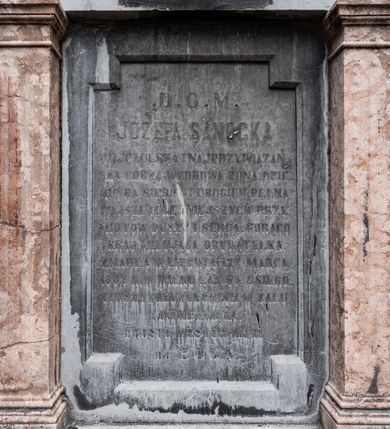 Zdjęcie nr 2: Przyścienne, architektoniczne, kamienne epitafium przy południowej, zewnętrznej ścianie kościoła, na lewo od kruchty. Osadzone jest na wysokim, prostopadłościennym cokole z nieobrobionego ciosu wapiennego. Na nim, mniejszy, dwudzielny marmurowy cokół artykułowany parą ostrosłupowych impostów wspierających gzyms, na którym osadzona para pilastrów z wyłamującym się ponad nimi gzymsem wieńczącym. Część środkowa, zwierająca tablice epitafijną, ujęta jest parą pilastrów o kapitelach toskańskich wspierających wysoki fryz i gzyms w formie nadwieszonego łuku półkolistego. Uskokowe zwieńczenie w kształcie leżącego prostokąta ujmuje para spływów wolutowych i nakrywa niski, trójkątny przyczółek. Pole cokołu epitafium zdobi okrągła rozeta. Płycina z tablicą epitafijną ma kształt stojącego prostokąta o wciętych schodkowo do wewnątrz narożach. W polu znajduje się inskrypcja „D(EO) O(PTIMO) M(AXIMO) / JÓZEFA SANOCKA / NAJCZULSZA I NAJPRZYWIĄZAŃ/SZA CÓRKA WZOROWA ŻONA. OPIE/KUNKA SIEROT I UBOGICH PEŁNA / NAJSZLACHETNIEJSZYCH PRZY/MIOTÓW DUSZY I SERCA, GORĄCO / KRAJ MIŁUJĄCA OBYWATELKA. / ZMARŁA W LIPOWCU 12GO MARCA / 1882 R(OKU) W WIEKU LAT 65, OSIERO/CIWSZY NIEUTULONYM W ŻALU / MATKĘ I MĘŻA / PROSI O WESTCHNIENIE / DO BOGA”.
 W środku fryzu znajduje się okrągły medalion z płaskorzeźbionym popiersiem zmarłej zwróconej w trzech czwartych w lewo. Zaokrągloną twarz zmarłej charakteryzują łagodne, pełne rysy starszej kobiety. Spod osłaniającego głowę czepca opadają na policzek dwa loki. 

 