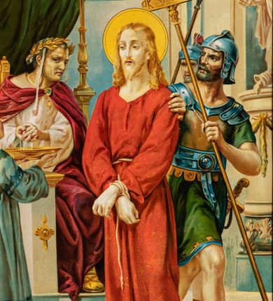 Zdjęcie nr 1: Czternaście obrazów przedstawiających kolejne stacje drogi krzyżowej. Kompozycje wielopostaciowe w kształcie stojącego prostokąta ujęte w złocone, profilowane ramy zwieńczone krzyżem osadzonym na podstawie o linii wklęsło-wypukłej mieszczącej numer stacji. Kolorystyka jasna, przygaszona.