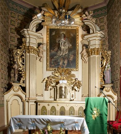 Zdjęcie nr 13: Ołtarz typu architektonicznego, jednokondygnacyjny, jednoosiowy, z bramkami i ze zwieńczeniem w formie glorii. Mensa prostopadłościenna, na ściance przedniej zdobiona rzędem płycin w kształcie stojącego prostokąta, zamkniętych łukiem nadwieszonym. W polu środkowej płyciny malowany krzyż grecki, w pozostałych gałązki białych lilii. Tabernakulum w formie prostopadłościennej skrzynki, z częścią środkową wysuniętą do przodu, zamknięte od góry profilowanym gzymsem w kształcie łuku nadwieszonego. Drzwiczki metalowe, pośrodku dekorowane płyciną w kształcie stojącego prostokąta, zamkniętego łukiem nadwieszonym, w polu kielich z hostią, kłosy zboża i kiście winogron. Nad tabernakulum tron wystawienia na tle promienistej glorii z monogramem IHS pośrodku, po bokach flankowany przez parę aniołków usadzonych na wolutach. Retabulum ustawione na wysokim cokole, ujęte parą zdwojonych, ukośnie ustawionych pilastrów podtrzymujących przerywane belkowanie, na którym usadzona para putt. Trzony pilastrów zdobione kanelowaniem, kapitele stylizowane, kompozytowe. Putto po lewej stronie z otwartą księgą, w której znajduje się napis: „Assu/pta / est / Maria / in / Caelum”. W polu głównym nastawy, na wysokości dwóch trzecich obraz z przedstawieniem Wniebowzięcia Najświętszej Marii Panny. Po bokach obrazu para rzeźbionych aniołków. W zwieńczeniu płaskorzeźba Boga Ojca na tle promienistej glorii. Drzwiczki bramek zdobione płyciną w kształcie stojącego prostokąta, zamkniętą od góry łukiem nadwieszonym. Zwieńczenie bramek zdobione festonem z liści wawrzynu, zakończone niskim cokołem, na którym ustawione rzeźby: po lewej św. Jana Chrzciciela, po prawej św. Kazimierza. Uszy ażurowe w postaci ornamentu rocaille'owego. Struktura ołtarza w kolorze beżowym, ornamentyka, detale i profilowania złocone.