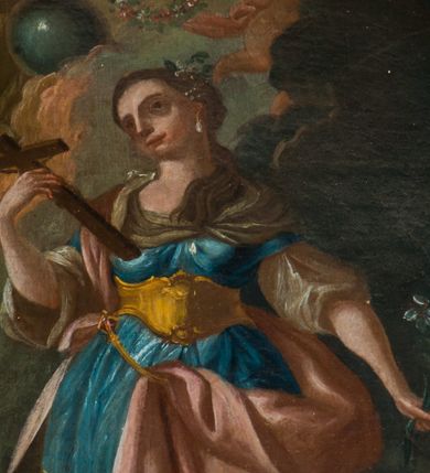 Zdjęcie nr 11: Ołtarz architektoniczny, jednoosiowy, jednokondygnacyjny ze zwieńczeniem, z uszami. Retabulum ustawione na prostopadłościennej mensie ołtarzowej z antepedium, zdobionym czterema prostokątnymi płycinami oddzielonymi kanelowanymi lizenami. Tabernakulum w kształcie prostopadłościennej skrzynki na wysokim cokole, zamkniętej od góry płaskim daszkiem, na którym miejsce na prosty tron do wystawiania monstrancji. Przednia ścianka tabernakulum zamknięta od góry gzymsem w formie łuku nadwieszonego. Drzwiczki w formie stojącego prostokąta zamkniętego łukiem półkolistym. W polu, obwiedzionym ramą o analogicznym kształcie płaskorzeźbiony krzyż z podstawą. Ustawiona na mensie nastawa wsparta na cokole z wyodrębnionymi po bokach dwoma postumentami, wyżej ujęta parą pilastrów, o trzonach ozdobionych płycinami i u góry zwisami ze stylizowanych kampanul, z nałożonymi u szczytu konsolkami pełniącymi funkcję kapiteli, które wspierają odcinki przerwanego belkowania. W polu głównym obraz Najświętszego Serca Pana Jezusa w kształcie pionowego prostokąta. Zwieńczenie  w ogólnym zarysie w formie trapezu, o bokach zaakcentowanych wklęsłymi łukami odcinkowymi, zamknięte od góry dwiema wolutkami, spiętymi u szczytu muszlą palmetową i ozdobionymi wicią z różami. W polu owalny obraz z przedstawieniem św. Tekli. Poniżej dwie uskrzydlone główki aniołków. Uszy z wici i motywów ornamentu rocaille&#039;owego. Struktura ołtarza w kolorze białym, detale i ornamentyka złocone.