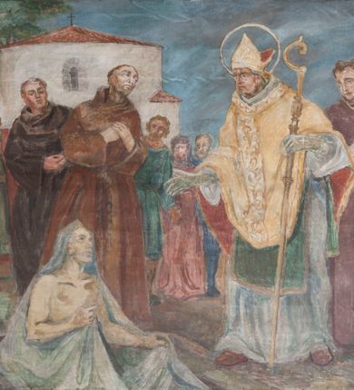 Zdjęcie nr 11: Ściany prezbiterium artykułowane malowanymi en grisaille, kompozytowymi pilastrami ustawionymi na wysokim cokole, dźwigającymi belkowanie, zakończone kostkowaniem, z tryglifami na ich osi. Cokół i fryz dekorowane płycinami z malowaną imitacją czerwonej marmoryzacji. Między pilastrami w połowie wysokości ściany malowane nisze zamknięte konchami z wizerunkami świętych, sceny ze świętymi w prostokątnych ramach i medaliony. Nisze i medaliony ukazane na beżowym tle, ujęte od dołu i od góry wicią roślinną z uskrzydlonymi główkami anielskimi i z krzyżami malowanymi en grisaille. Sceny ze świętymi ukazane na tle ścian pokrytych imitacją jasnobrązowej marmoryzacji. Na ścianie północnej w czerwonych niszach całopostaciowe przedstawienia św. Szymona z Lipnicy, św. Jacka oraz św. Andrzeja Boboli malowane en grisaille. Nad drzwiami do zakrystii malowana monochromatycznie w odcieniach czerwieni scena ze św. Kazimierzem klęczącym przed krucyfiksem, w towarzystwie puttów. Pomiędzy niszami scena ze św. Stanisławem wskrzeszającym Piotrowina. Na ścianie południowej w czerwonych niszach całopostaciowe przedstawienia św. Kingi i bł. Bronisławy malowane en grisaille oraz malowane dwie sceny ujęte ramami ukazujące św. Jana Kantego z uczniami na dziedzińcu Collegium Maius oraz św. Wojciecha podczas kazania. Pod oknem malowana podłużna płycina, ujęta ramą z monochromatycznym przedstawieniem aniołków w tanecznych pozach w jasnoczerwonych odcieniach. Na ścianie zamykającej prezbiterium namalowane en grisaille dwa medaliony z popiersiami św. Stanisława Kostki i św. Jadwigi. Strop w części prezbiterialnej ujęty ramą z kasetonów o niebieskim tle z rozetami. Pole środkowe stropu wypełnione białą wicią roślinną na bladoróżowym tle. W centralnej części plafon w formie stojącego prostokąta z wyłamanymi na kształt łuków odcinkowych bokami, ujęty rzeźbioną ramą, z przedstawieniem ofiarowania kluczy św. Piotrowi. 
Ściany nawy artykułowane analogicznymi względem prezbiterium pilastrami na cokołach, dźwigającymi belkowanie. Pomiędzy otworami okiennymi malowane nisze z postaciami Chrystusa (ściana północna) i Marii (ściana południowa). Strop nad nawą główną ujęty bordiurą z kasetonów o niebieskim tle z rozetami. W centralnej części plafon w formie stojącego prostokąta z wyłamanymi na kształt łuków odcinkowych bokami, krótszymi wypukłymi, dłuższymi wklęsłymi, ujęty rzeźbioną ramą, z przedstawieniem kazania św. Pawła w Atenach. W czterech narożach plafonu bladoczerwone pola o nieregularnym kształcie wypełnione wicią roślinną z atrybutami godności kościelnych – tiarą papieską, stułą, tablicami prawa (papież), kapeluszem kardynalskim, księgą, stułą, laską z krzyżem patriarchalnym (kardynał), infułą, kadzielnicą, księgą, pastorałem (biskup), biretem, księgą, stułą, kadzielnicą, laską zakończoną krzyżem (kanonik). W części zachodniej, pod chórem strop belkowy. Pola pomiędzy belkami wypełnione wicią roślinną z główkami anielskimi. Ściany podzielone na dwie strefy – część cokołową oraz partię górną imitującą rustykę.

