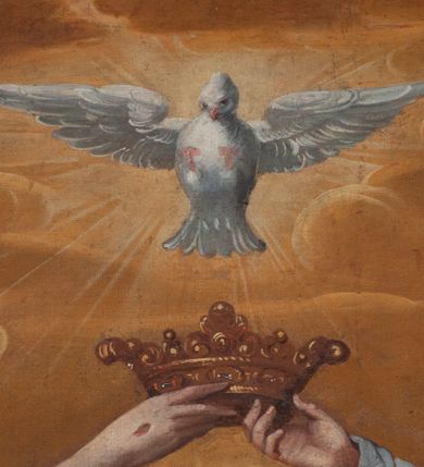 Zdjęcie nr 37: Retabulum jednokondygnacyjne, trójosiowe ze zwieńczeniem i bramkami. Mensa ołtarzowa z malowanym antepedium przedstawiającym scenę Ostatniej Wieczerzy według Leonarda da Vinci. Na mensie ustawione pozłacane tabernakulum w formie prostopadłościennej z częścią środkową w ozdobnej oprawie utworzonej przez dwa ukośnie dostawione filary ze spływami wolutowymi. Między nimi wypukłe w dolnej części drzwiczki dekorowane kielichem z hostią ponad kiśćmi winogron i między kłosami zbóż. Powyżej nisza konchowa wypełniona glorią, której koncha ozdobiona jest muszlą z rocaille’owym grzebieniem. Na wolutach osadzone adorujące krzyż putta. Część centralna nastawy flankowana kolumnami z głowicami jońskimi i ornamentem rokokowym. W polu w profilowanej złotej ramie przedstawienie koronacji Marii przez Trójcę Świętą. Drewniana konstrukcja skrzydeł bocznych tworzy ramę dla dwóch rzeźb ustawionych na bramkach, na odcinkach gzymsu rozszerzających się ku górze, które tworzą cokoły ozdobione w dolnej części rokokową muszlą. Po prawej stronie znajduje się rzeźba przedstawiająca św. Stanisława z Piotrowinem, po lewej św. Wojciecha. Obie rzeźby biskupów są tej samej wielkości, wypełniają prześwity w bocznych skrzydłach, w tle ozdobionych rocaille’owym ornamentem. Zewnętrzne płaszczyzny skrzydeł bocznych zdobi złota winorośl, a wewnętrzne ornament roślinny z motywem kwiatowym. Na kolumnach ustawionych na niewielkich cokołach wspiera się przełamane belkowanie zakończone gzymsem dźwigającym odcinkowy przyczółek z profilowaniem zakończonym wolutami. Na wysokości belkowania znajduje się płaskorzeźba przedstawiająca Boga Ojca i Ducha Świętego pod postacią gołębicy, wyłaniających się ze srebrnych obłoków; postacie otoczone są złotymi promieniami. Na bocznych osiach, analogicznie pojawiają się srebrne chmury o wolutowych kształtach, flankowane przez anielskie główki. Zwieńczenie rozszerza się ku górze i jest zamknięte łukiem nadwieszonym; znajduje się w nim obraz przedstawiający św. Floriana w profilowanej, złoconej wklęsło-wypukłej ramie. Całość zwieńczona kartuszem utworzonym z ornamentu rocaille’owego. Struktura polichromowana imitacją marmoryzacji w kolorze szarym i zielonym, fryzy i gzymsy bordowe i ciemnozielone, profile, ornamenty, kolumny złocone, dekoracje złocone i srebrzone. 