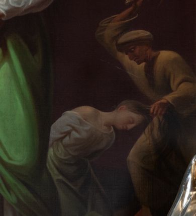 Zdjęcie nr 20: Ołtarz jednokondygnacyjny, jednoosiowy, z mensą ołtarzową w formie prostopadłościanu, z tkanym, wełnianym antepedium z motywem różowych i białych róż i ze zwieńczeniem zakończonym łukiem nadwieszonym. W części centralnej znajduje się obraz przedstawiający św. Barbarę, umieszczony we wnęce z profilowanym obramieniem, którego boki dekorowane są kampanulami. 

 Część centralna flankowana jest przez dwie rzeźby świętych – św. Jacka po lewej stronie i św. Katarzyny Sieneńskiej po prawej oraz zwielokrotnione pilastry i wysunięte do przodu kolumny ustawione na wysokich, potrójnych cokołach, które są zdobione rozetami i rokokowym ornamentem w płycinach, z głowicami kompozytowymi. Kolumny i pilastry dźwigają belkowanie. Belkowanie przełamuje się nad zwielokrotnionymi pilastrami i kolumnami, podtrzymuje fragment przerwanego przyczółka, na którym siedzą dwa putta z uniesionymi mieczami w prawych dłoniach. Nad centralnym obrazem, powyżej spietego akantem pęku liści, znajduje się kartusz z inskrypcją „HORA / MORTIS / ADIUVA / NOS”. W zwieńczeniu owalny obraz z przedstawieniem św. Antoniego, zwieńczony rocaillową  muszlą. 
Struktura polichromowana na kolor kremowy, płyciny na bordowy, marmoryzowana, dekoracje, kolumny, ornamenty i detale złocone i srebrzone. 