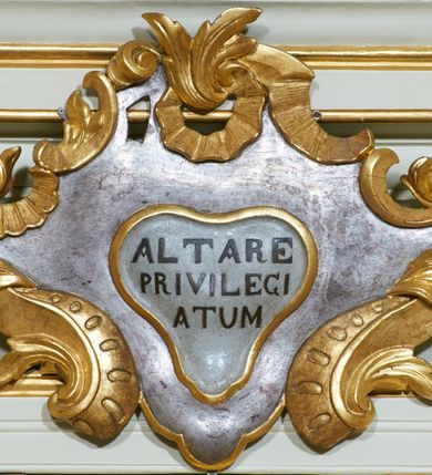 Zdjęcie nr 7: Ołtarz architektoniczny, drewniany, jednoosiowy, jednokondygnacyjny z bramkami. Mensa wąska, prostopadłościenna o ściankach wklęsło-wypukłych. Tabernakulum w kształcie prostopadłościennej skrzynki z przodu o linii wklęsło-wypukłej z uskokami. Ustawione jest na  wysokim cokole, flankowane parą szerokich, wklęsłych pilastrów, zdobionych ornamentem złożonym z przeplatających się wolut i kampanul. Ścianka frontowa wypukła, w polu prostokątne, metalowe drzwiczki, zdobione kiśćmi winogron i kłosami zbóż, pośrodku łaciński prosty krzyż. Całość zamknięta profilowanym gzymsem. Po bokach tabernakulum zwisy z kampanul, a na skrajach płaskorzeźbione uszy z liści akantu.  Do górnej krawędzi przybite gwoździem na trzech tulejach lampki oliwne. Nad tabernakulum tron wystawienia z rzeźbionymi w drewnie aniołkami na obłokach adorującymi krucyfiks. 

Retabulum ustawione na zdwojonym cokole, ujęte zwielokrotnionymi pilastrami toskańskimi i dwiema kolumnami kompozytowymi na wysokich cokołach, ustawionymi pod kątem i podtrzymującymi profilowane, przerwane belkowanie. Pilastry od strony wewnętrznej ołtarza są wklęsłe, ozdobione dwiema parami uskrzydlonych główek anielskich i zwisami z kwiatów; od zewnątrz pilastry mają trzony wypukłe.  W polu głównym wnęka, ujęta ramą w kształcie stojącego prostokąta o uszatych narożach. We wnęce na czerwonym tle umieszczony obraz Matki Boskiej Piekarskiej, na zasuwach obrazy „Koronacja Matki Boskiej” oraz „Św. Mikołaj”. Nad obrazem kartusz o kształcie zbliżonym do rombu z ornamentami rocaille&#039;owymi wokół; w polu napis „ALTARE / PRIVILEGI/ATUM”. Na osi kolumn, na przyczółku ustawione są wazony z kwiatami. 

Zwieńczenie w kształcie stojącego prostokąta, flankowane parą pilastrów podtrzymujących przerwane belkowanie, zamknięte gzymsem w formie łuku odcinkowego. Na szczycie promienista gloria z otokiem chmur pośrodku z płaskorzeźbionym monogramem IHS. W polu głównym obraz przedstawiający Ekstazę św. Teresy w kształcie stojącego prostokąta, zamknięty łukiem nadwieszonym. Po bokach zwieńczenia uszy z liści akantu i kwiatów. Pod obrazem uskrzydlona para główek aniołków. 

Bramki w formie stojącego prostokąta, flankowane węgarami, zamknięte wolutowym łukiem z ustawionymi na szczycie na niskich cokołach rzeźbami świętych: po lewej św. Piotra, a po prawej św. Pawła.  Przejście zamknięte łukiem wklęsło-wypukłym z uskokami. Struktura polichromowana w kolorze jasnobeżowym, ornamentyka złocona, detale srebrzone.
