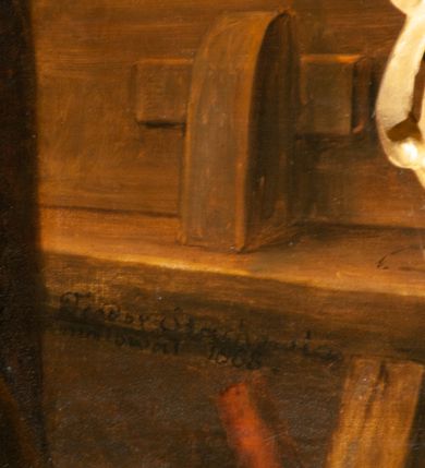 Zdjęcie nr 12: Ołtarz jednoosiowy, jednokondygnacyjny ze zwieńczeniem. Mensa w typie sarkofagowym, z monogramem „S[więty] J[ózef]” na ścianie frontowej. Nastawa ołtarzowa na cokole o wklęsłym rzucie, zwężająca się ku górze, ujęta po bokach szerokimi spływami wolutowymi, zdobionymi zwisami z kampanul, a w dolnej części cekinami. W polu ołtarza obraz św. Józefa z Dzieciątkiem w złoconej ramie o kształcie prostokąta stojącego, zamkniętego łukiem półkolistym. Kondygnację zamyka profilowany gzyms w kształcie łuku nadwieszonego. Zwieńczenie w formie zbliżonej do stojącego prostokąta, ujęte po bokach spływami wolutowymi. W polu, w kartuszowej ramie, zdobionej ornamentem rocaille’owym obraz „Św. Barbara”. Zwieńczenie zamknięte profilowanym gzymsem o przebiegu wklęsło-wypukłym. Na szczycie rokokowy akroterion. Ołtarz utrzymany w kolorystyce kości słoniowej ze złoceniami w partiach ornamentów i profilowań.

