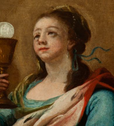 Zdjęcie nr 20: Ołtarz jednoosiowy, jednokondygnacyjny ze zwieńczeniem. Mensa w typie sarkofagowym, z monogramem „S[więty] J[ózef]” na ścianie frontowej. Nastawa ołtarzowa na cokole o wklęsłym rzucie, zwężająca się ku górze, ujęta po bokach szerokimi spływami wolutowymi, zdobionymi zwisami z kampanul, a w dolnej części cekinami. W polu ołtarza obraz św. Józefa z Dzieciątkiem w złoconej ramie o kształcie prostokąta stojącego, zamkniętego łukiem półkolistym. Kondygnację zamyka profilowany gzyms w kształcie łuku nadwieszonego. Zwieńczenie w formie zbliżonej do stojącego prostokąta, ujęte po bokach spływami wolutowymi. W polu, w kartuszowej ramie, zdobionej ornamentem rocaille’owym obraz „Św. Barbara”. Zwieńczenie zamknięte profilowanym gzymsem o przebiegu wklęsło-wypukłym. Na szczycie rokokowy akroterion. Ołtarz utrzymany w kolorystyce kości słoniowej ze złoceniami w partiach ornamentów i profilowań.

